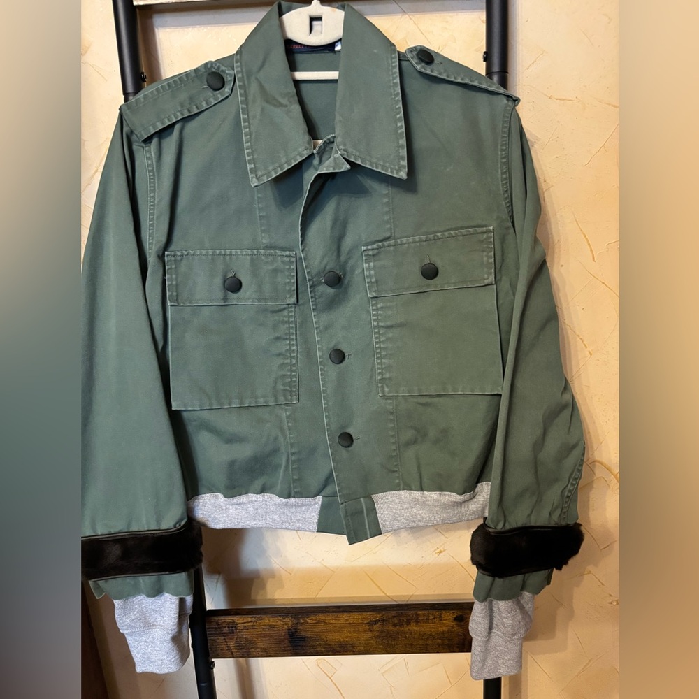 Harvey Faircloth Women’s military style jacket with Grey Rib Hem Size M